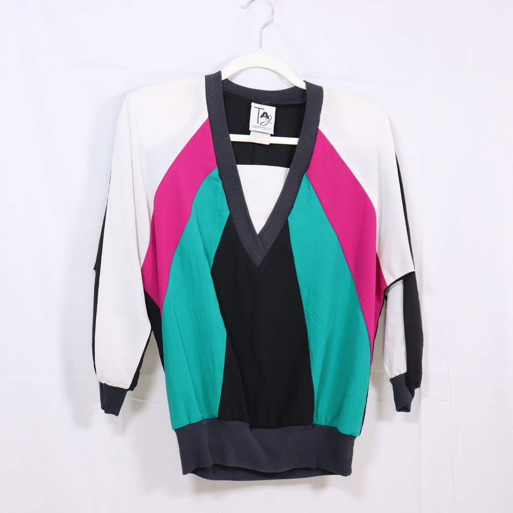 Teddi Sport V-Neck Blouse M Multi Women Colorblock Vintage Top
